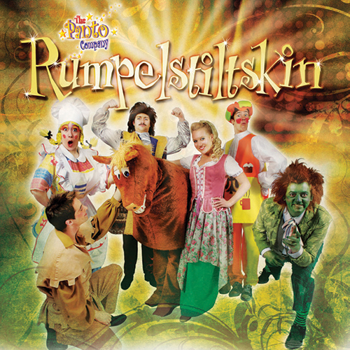 A promotional poster features seven cast members from The Panto Company's production of "Rumpelstiltskin" posing together against a vibrant, stylized golden background decorated with subtle green floral flourishes. 