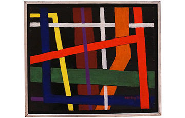 Abstract oil painting titled Los Angeles (1946) by Man Ray, featuring intersecting horizontal and vertical bands of bright red, blue, yellow, green, white, and orange on a dark background, evoking a stylized street map.