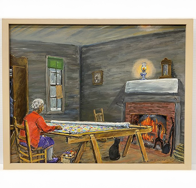 Interior scene of Black woman seated at quilting frame working on multi-colored quilt with basket and cat at feet, faces fire with clock and lighted lamp on mantlepiece, picture on wall, darkened window with one pane covered; rocker, fire tools, and woodpile surround fireplace.