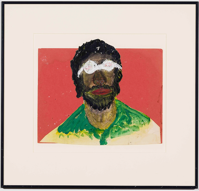 Southern folk art portrait of a bearded man shown from the shoulders up, facing forward, with dark hair and skin, white glasses, red lips, and a green-yellow shirt, painted against a solid red background and mounted within a white mat and black frame.