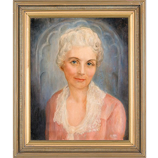 Painted portrait of Kate Skipworth with short white hair wearing a soft pink dress with a lace collar, framed in an ornate gold frame.