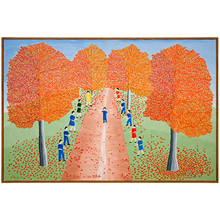 Oil painting titled Devil in the Ditch (1967) by Theora Hamblett, depicting children playing a game along a central dirt path flanked by tall trees with red and orange foliage, rendered in her distinctive folk art style.