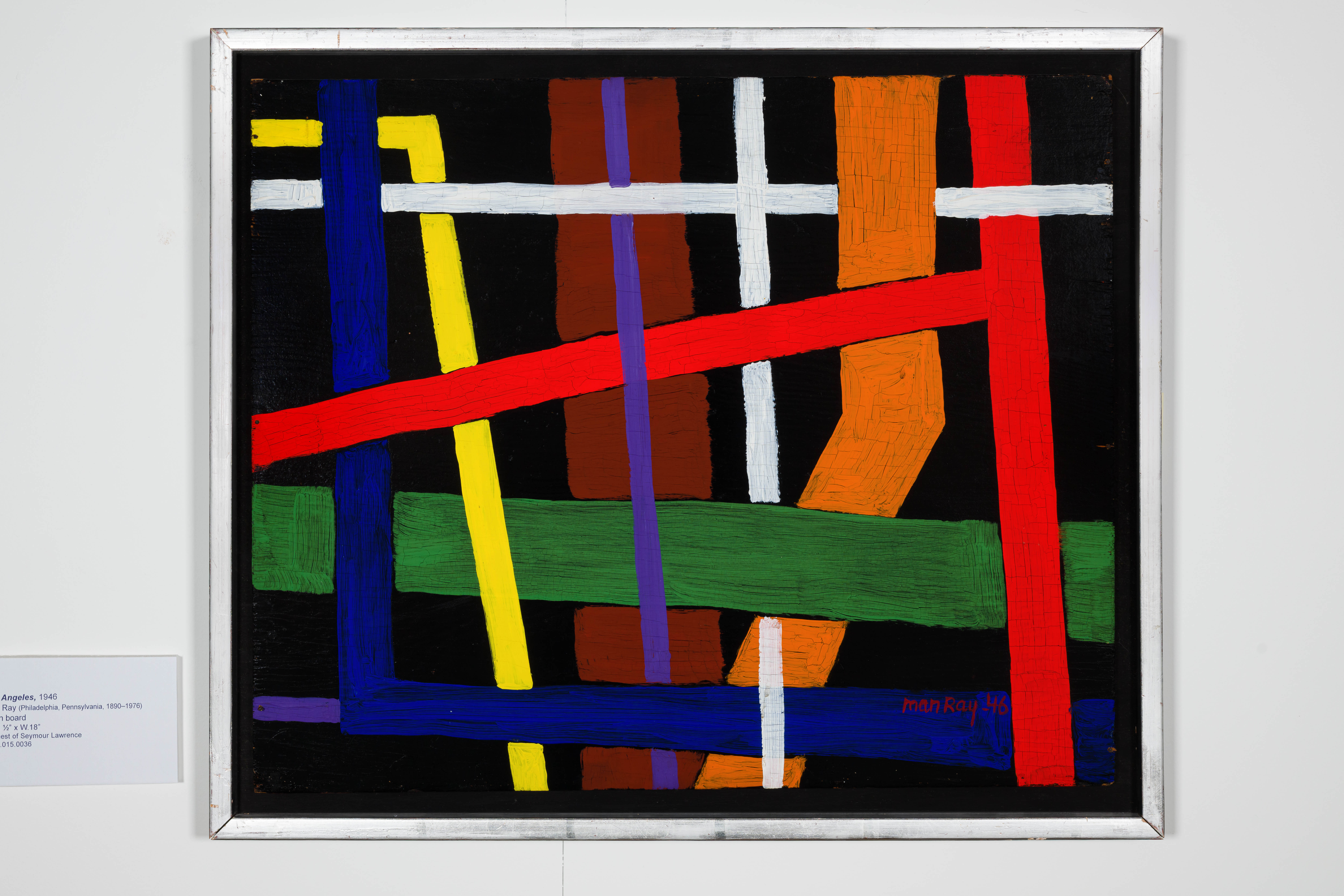 A brightly colored painting depicting lines of different colors. 