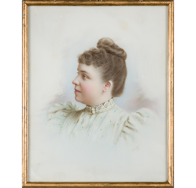 Portrait of Mary Buie done on porcelain and glass in a brass frame.