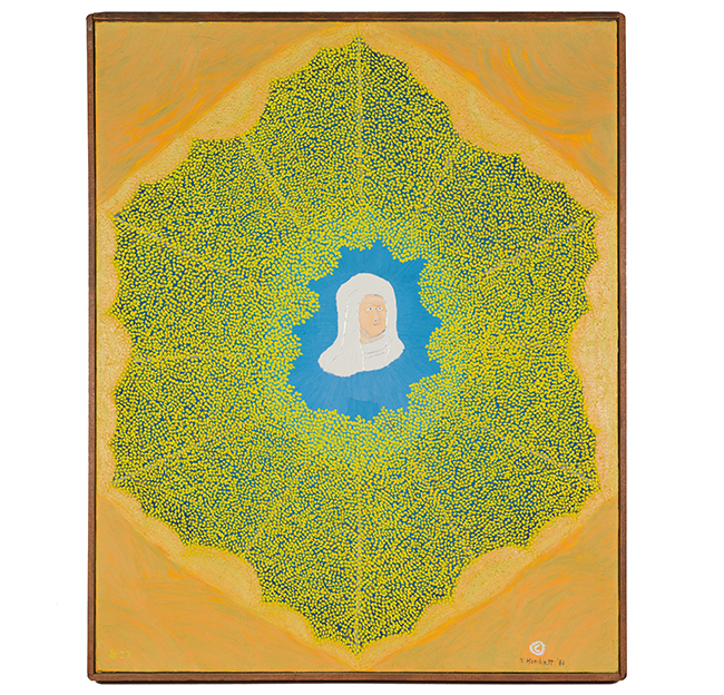 Head of Madonna (Mary) draped in a white headdress surrounded by blue sky. The head floats in the middle of the canvas surrounded by yellow, dotted leaves in a loose 6-pointed star. The four corners are painted a deeper yellow with sweeping brushstrokes that reveal a blue canvas underneath.