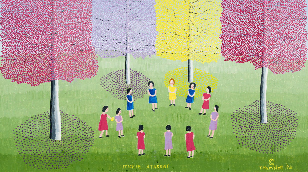 Oil painting titled A Tisket A Tasket (Itiskit Ataskat) (1972) by Theora Hamblett, depicting a group of children playing in a circle on green grass beneath four tall trees with brightly colored leaves in pink, yellow, and red, rendered in her distinctive folk art style.