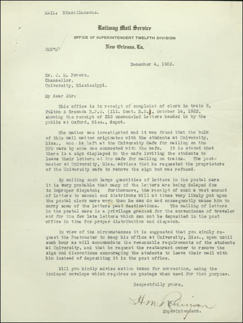 M [Johnson] of the Railway Mail Service, Office of the Superintendent 
          of the Twelfth Division to University of Mississippi Chancellor Powers