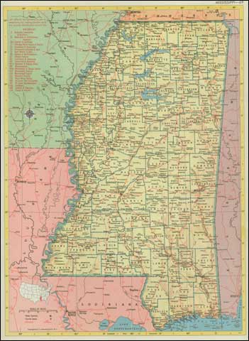  Map of Mississippi Railroads highlighting Oxford, MS., 1952
