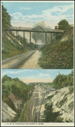 Color postcard. I.C.R.R. Through University, Miss., Published by University Store, University, Miss. Circa 1920.