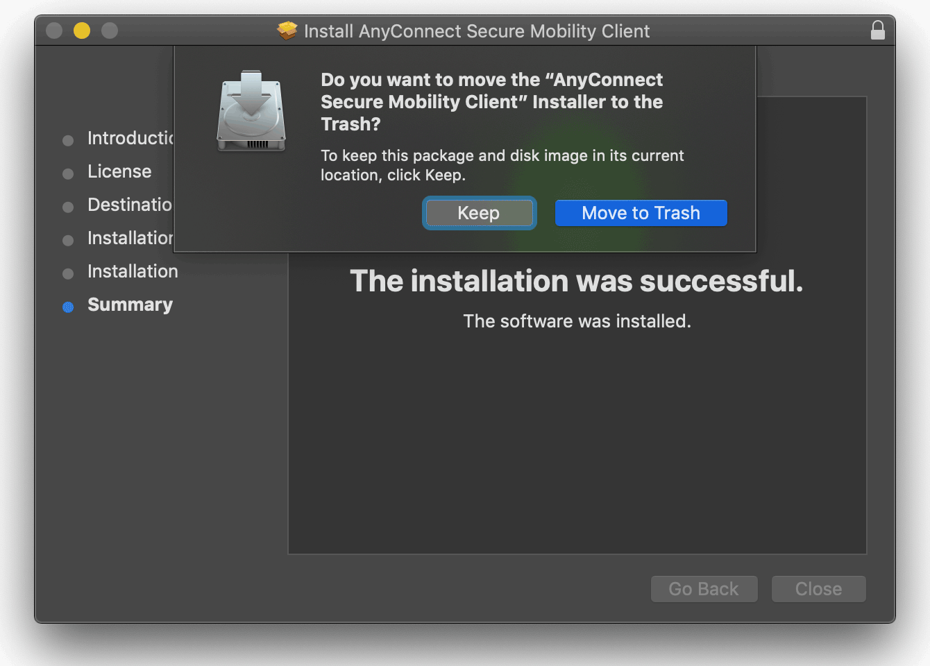 Install then move the installer to Trash