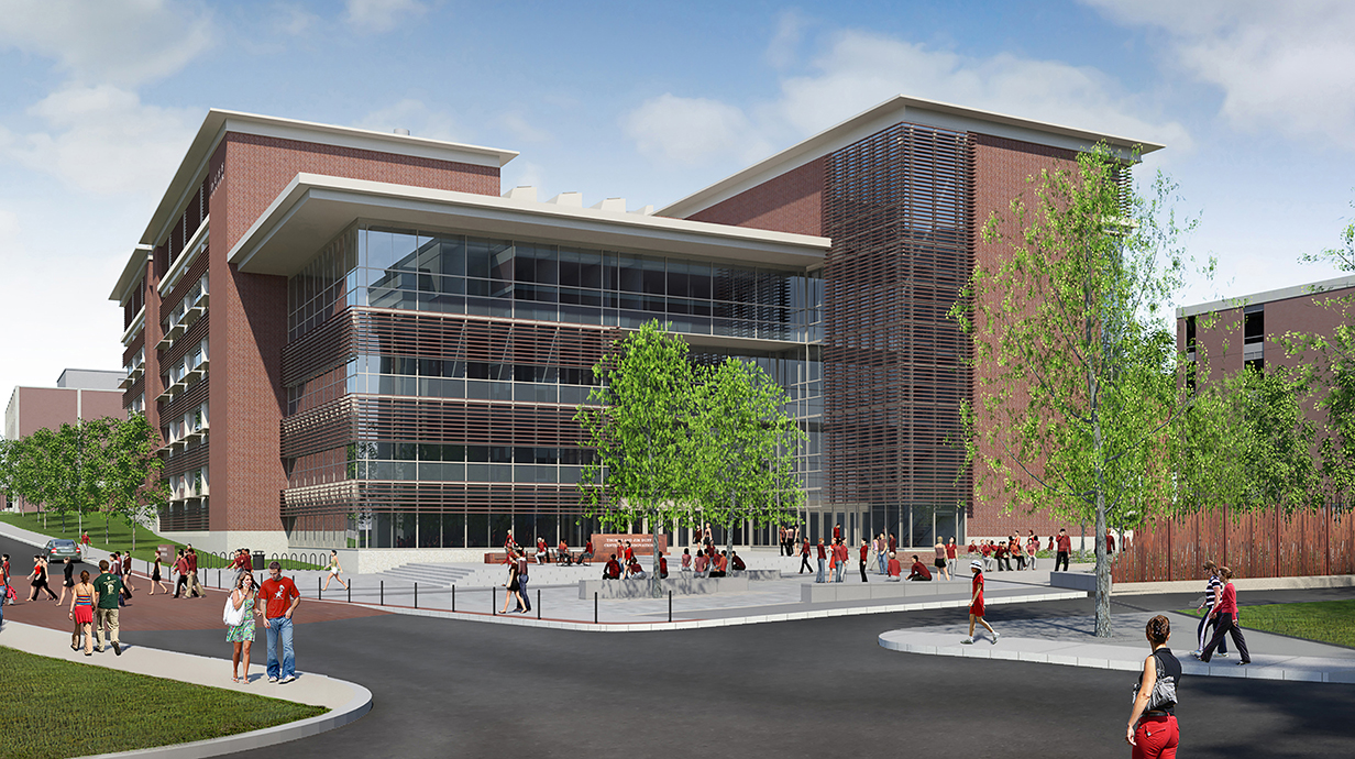 Architectural rendering of a large, four-story brick building with louvered windows.