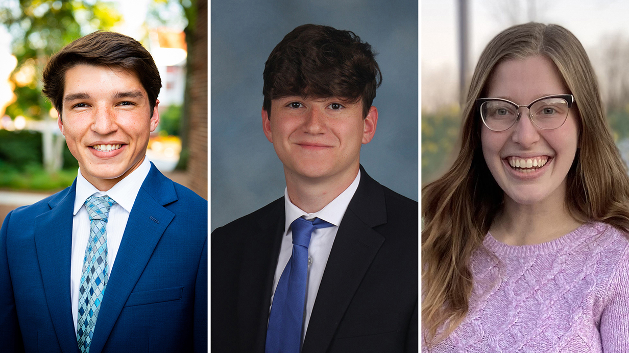 A collage of formal portraits of two young men and a young woman.