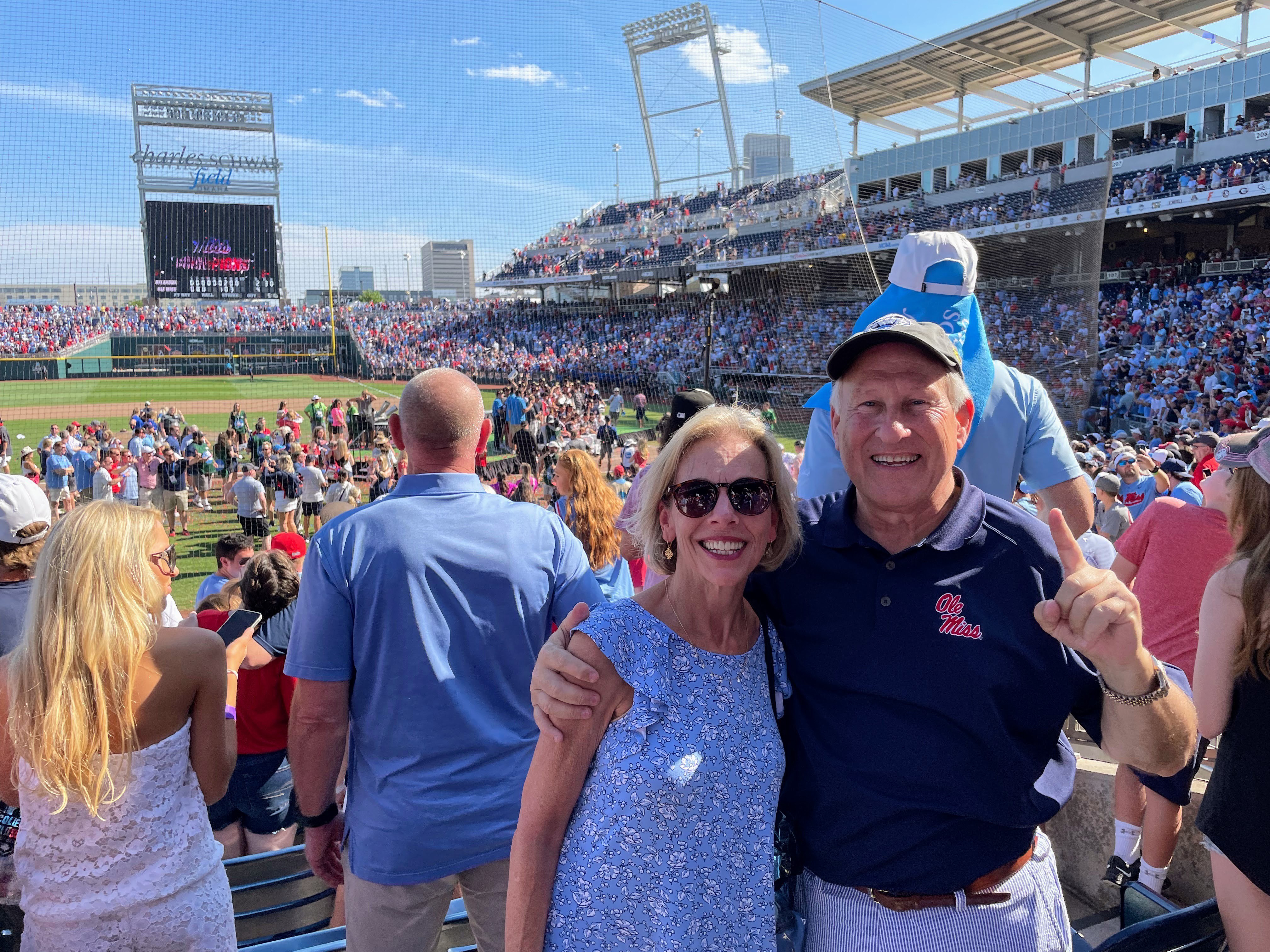 Pam (left) and Jon Turner enjoy a game at Charles Schwab Field in Omaha, Nebraska, when the Ole Miss Rebels baseball team won the 2022 College World Series. The Turners have given $100,000 toward the cost of a new home for the university’s Patterson School of Accountancy. Submitted photo