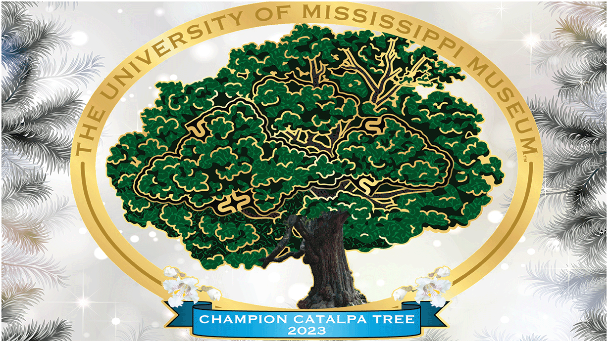 A gold-enameled tree with the words: University of Mississippi and Northern Catalpa Tree