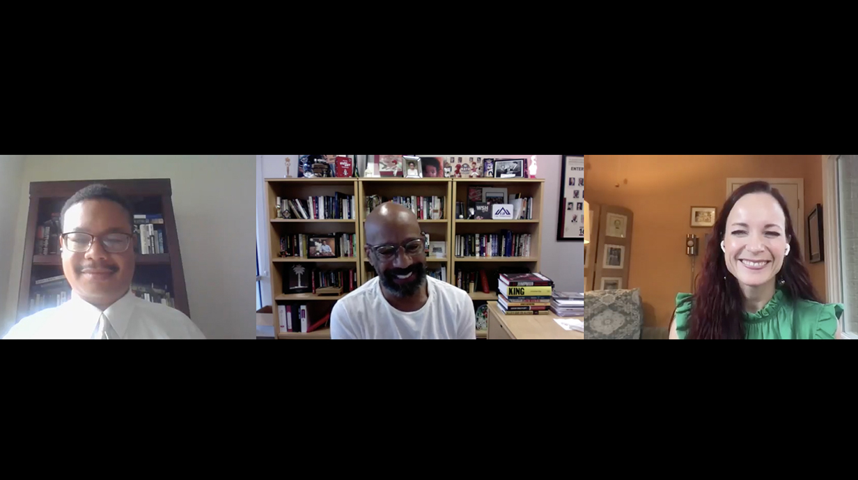 Two men and a woman participate in a Zoom session in a side-by-side screenshot.