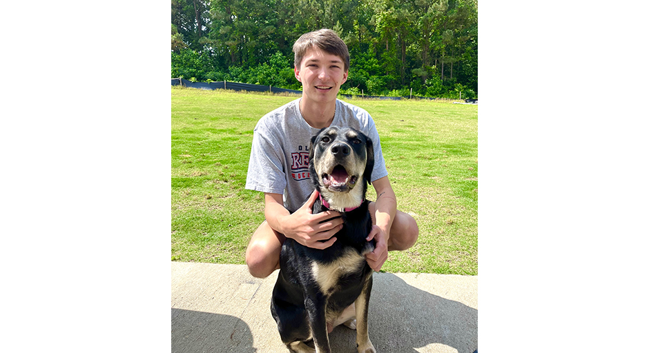 A young man pets a dog in a backyard.