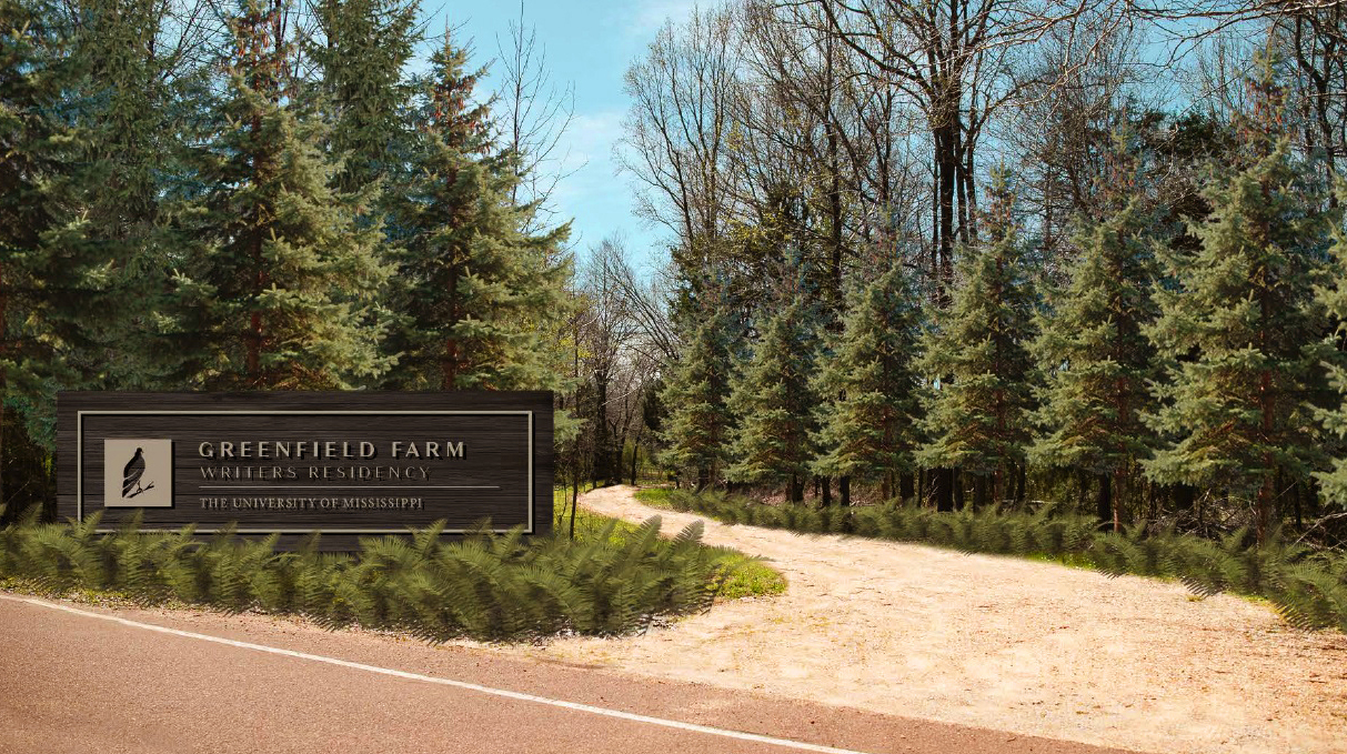 Architectural rendering of a driveway marked by a sign reading Greenfield Farm Writers Residency