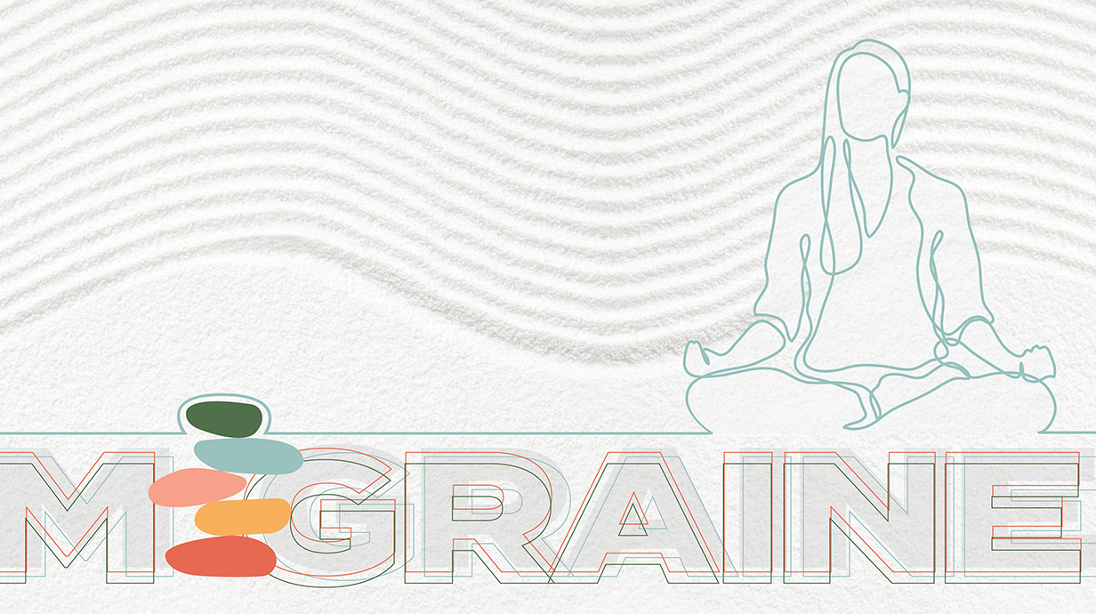 Drawing of a person meditating above the word Migraine