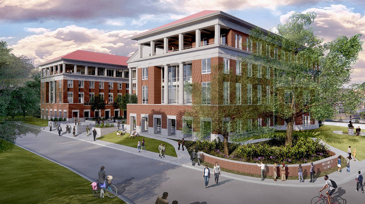 Architectural rendering of a large brick building on a tree-lined site.