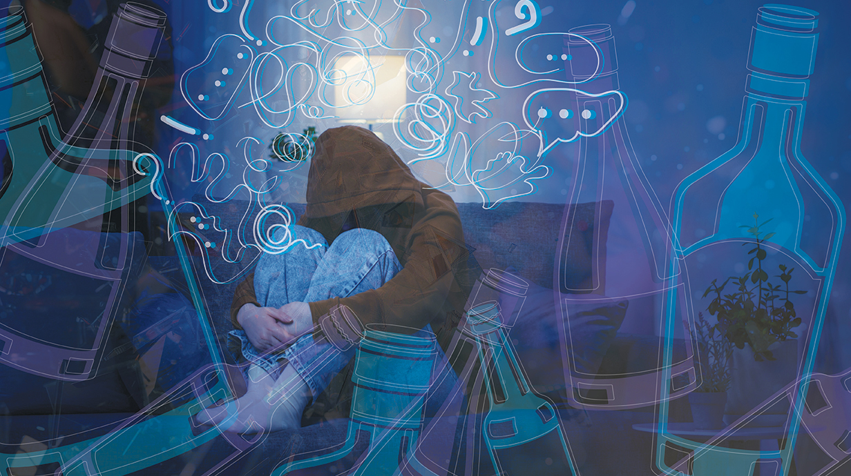 Photo illustration of a teen wearing a hoodie surrounded by images of liquor bottles and animated bubbles.