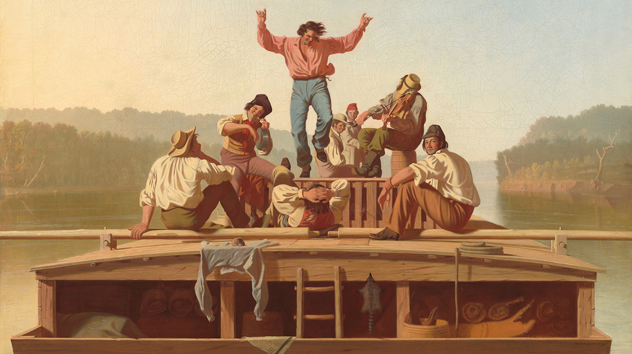 A painting of men playing music and dancing on top of a river barge.