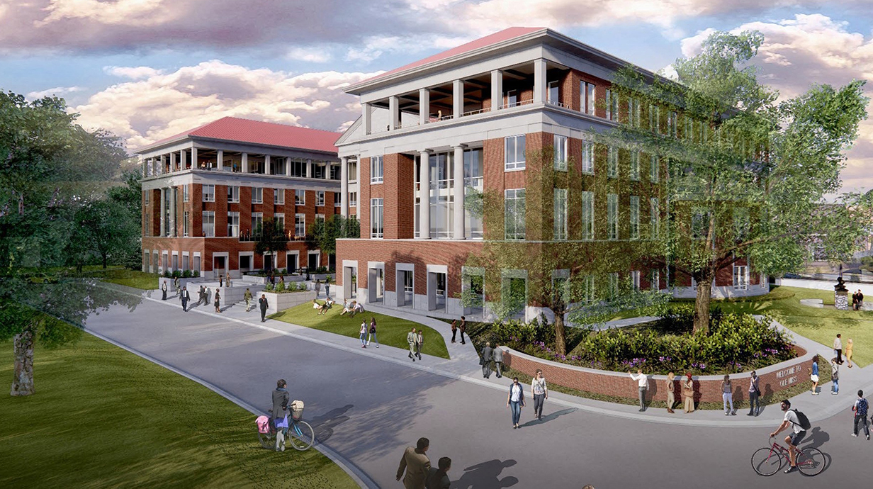 Architectural rendering of a large red brick building near an intersection.