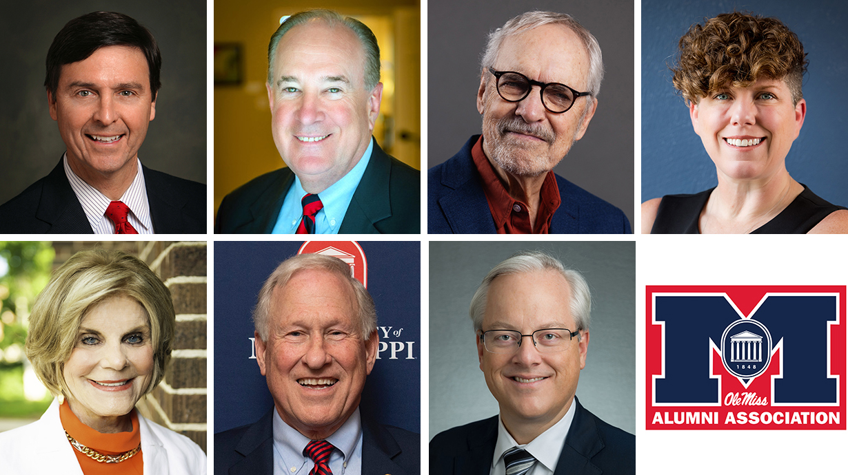 A composite photos featuring portraits of seven men and women and a red-and-blue Alumni Association logo.