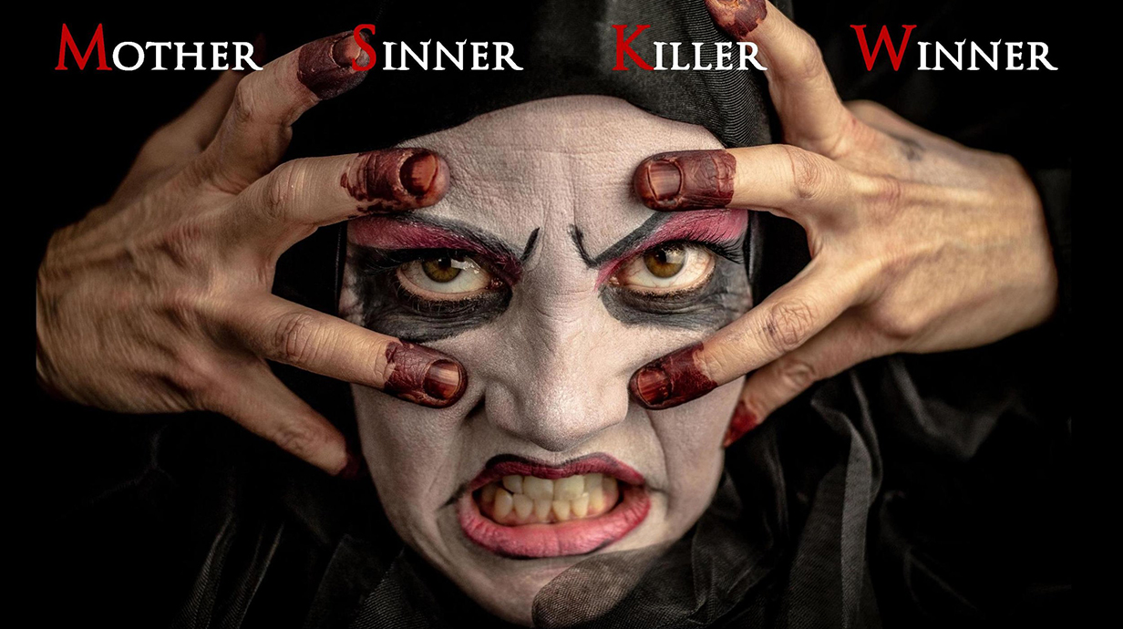 A woman's face is covered in heavy theatrical makeup in a poster for a theater production.