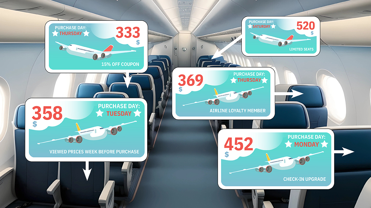 A photo illustration of an airliner cabin with price tags on several seats.