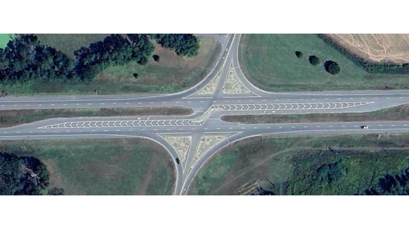 An aerial view of a highway intersection.