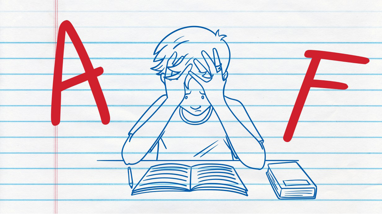 An illustration of a stressed-out student looking at an open textbook, with a red A one one side of his head and a red F on the other.