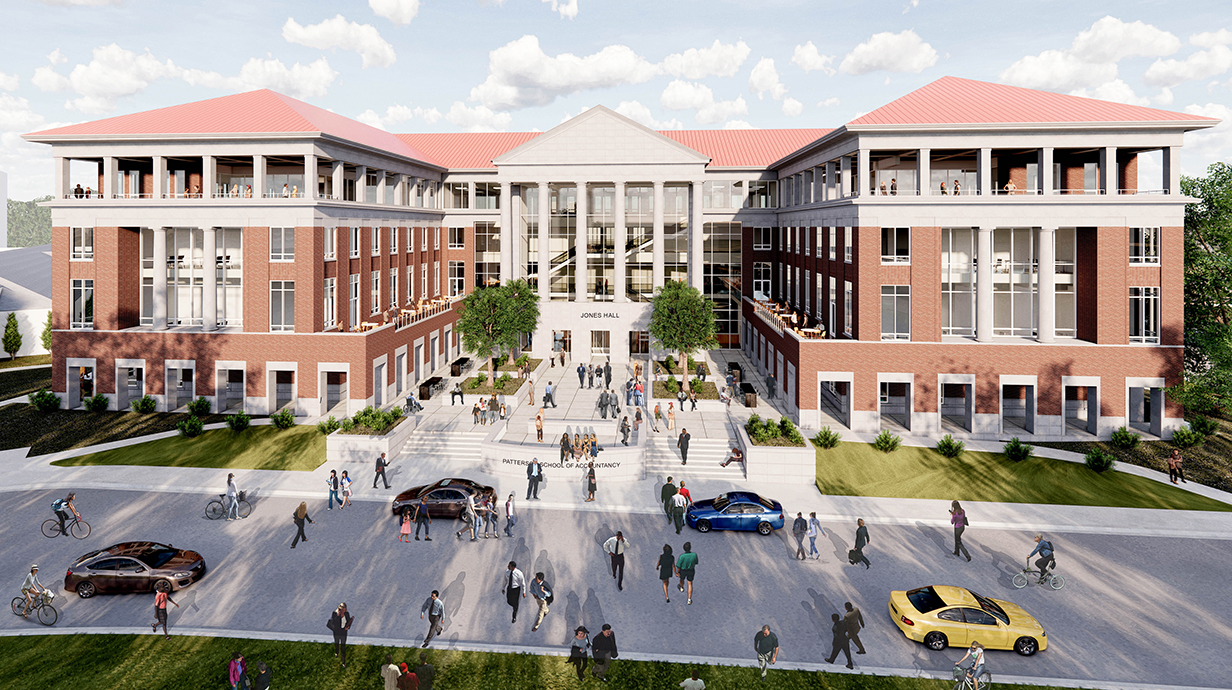 Architectural rendering of a large, three-story brick building with white columns and balconies.