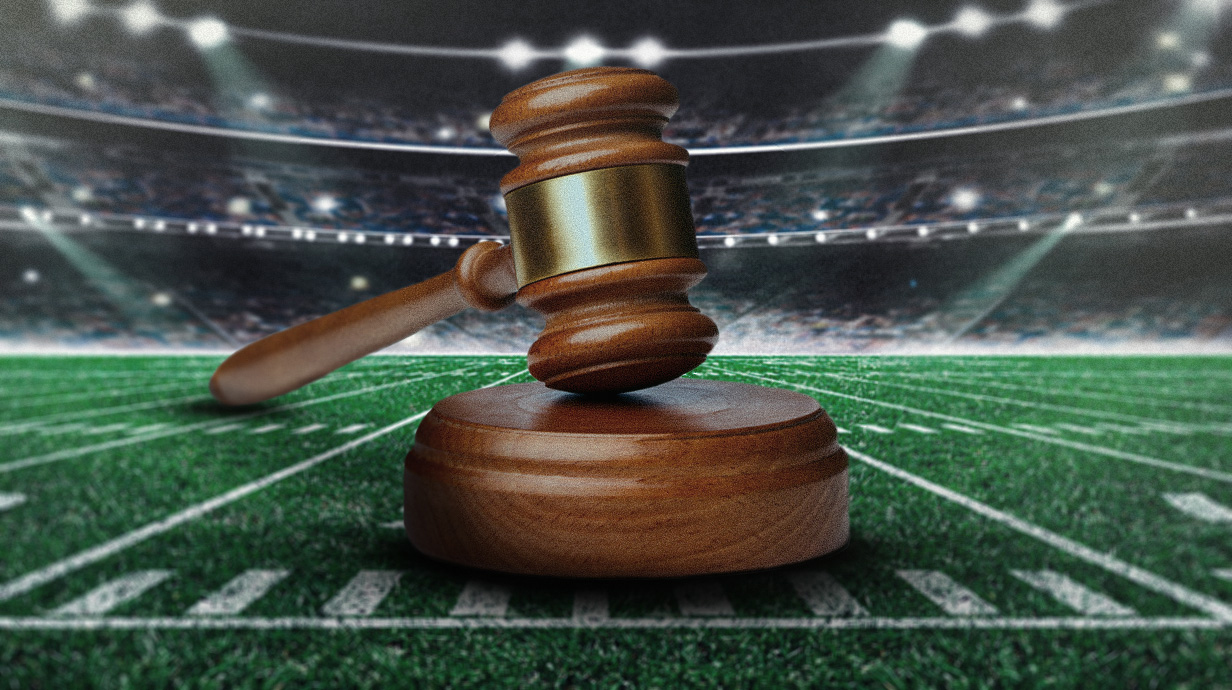 Photo illustration of a giant gavel coming down on a football field.