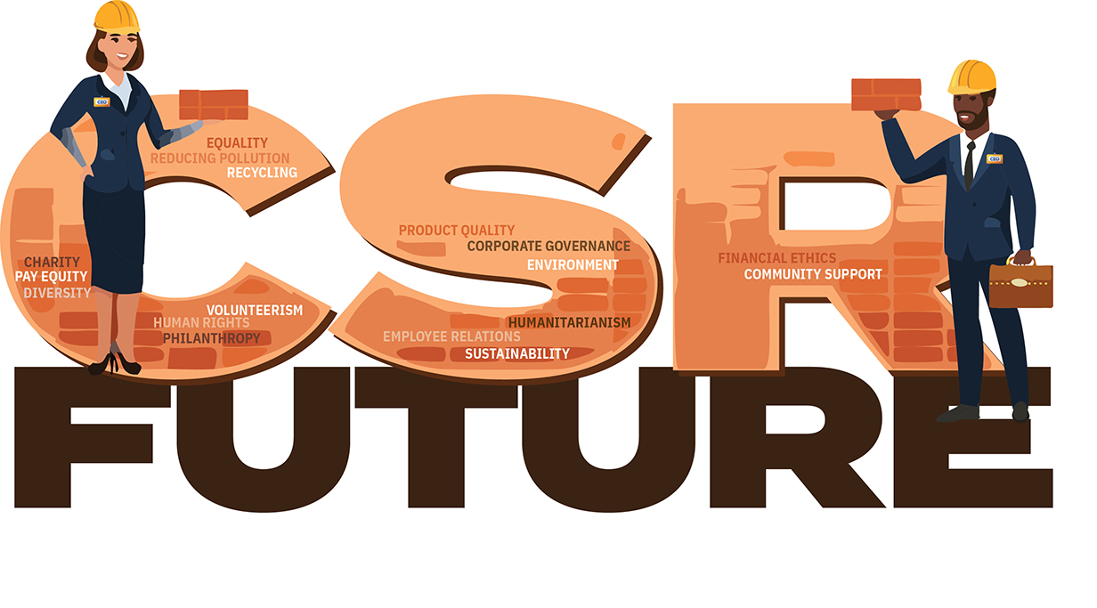 Illustration of a man and woman, both wearing business attire and hardhats, standing in font of letters that read 'CSR Future'