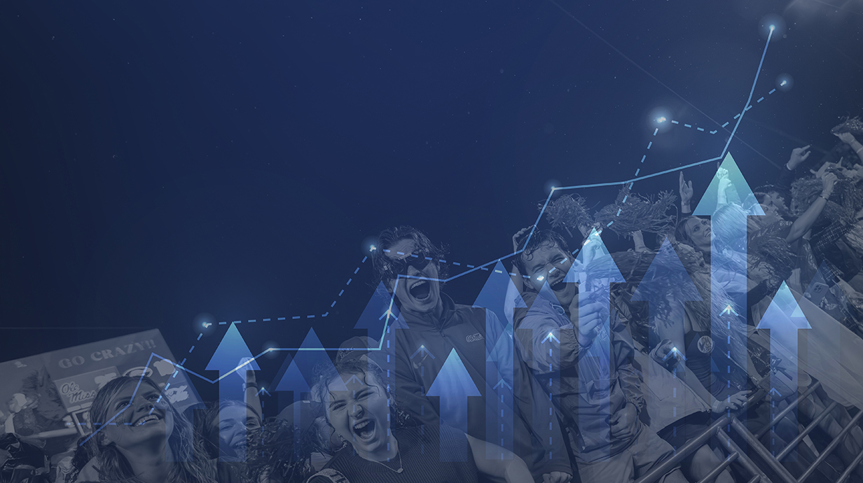 A graphic of cheering fans overlaid with a line graph trending upward.