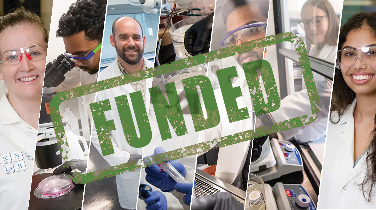 A photo collage shows various researchers working in laboratories with the word 'Funded' stamped in green across the frame.