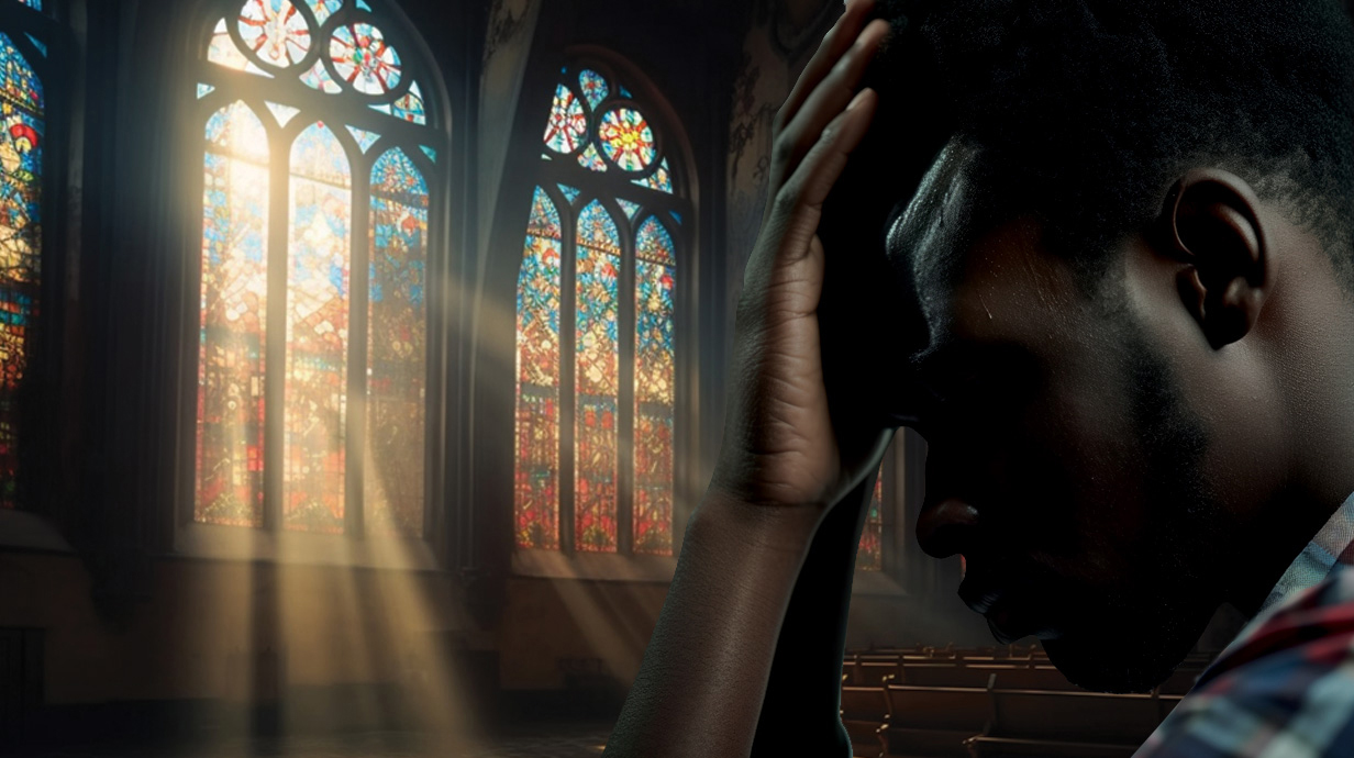 Photo illustration of a Black man praying superimposed over a photo of a church's stained glass windows.