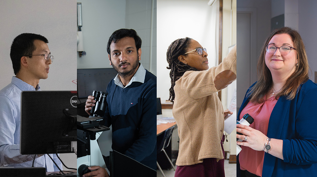 Photo collage of two men and two women working in labs and classrooms.