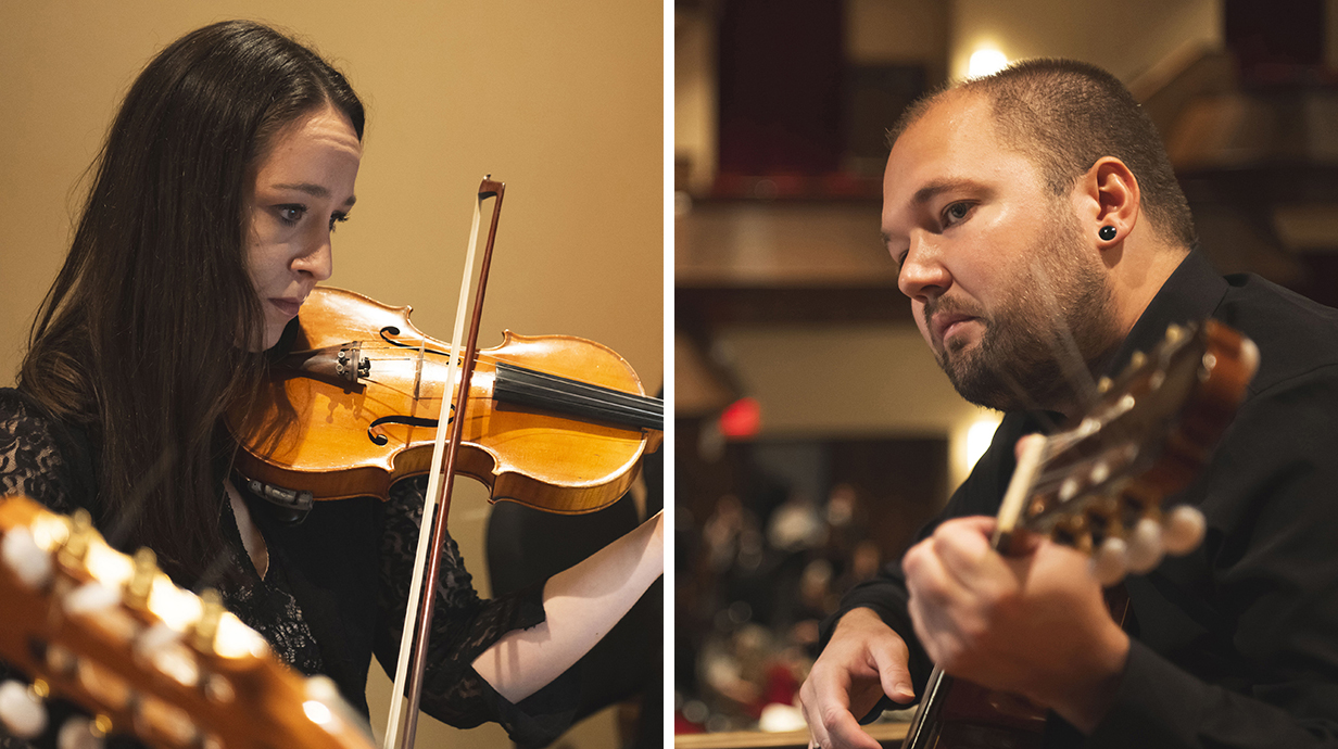 Photo collage of a young woman playing violin and a young man playing guitar.