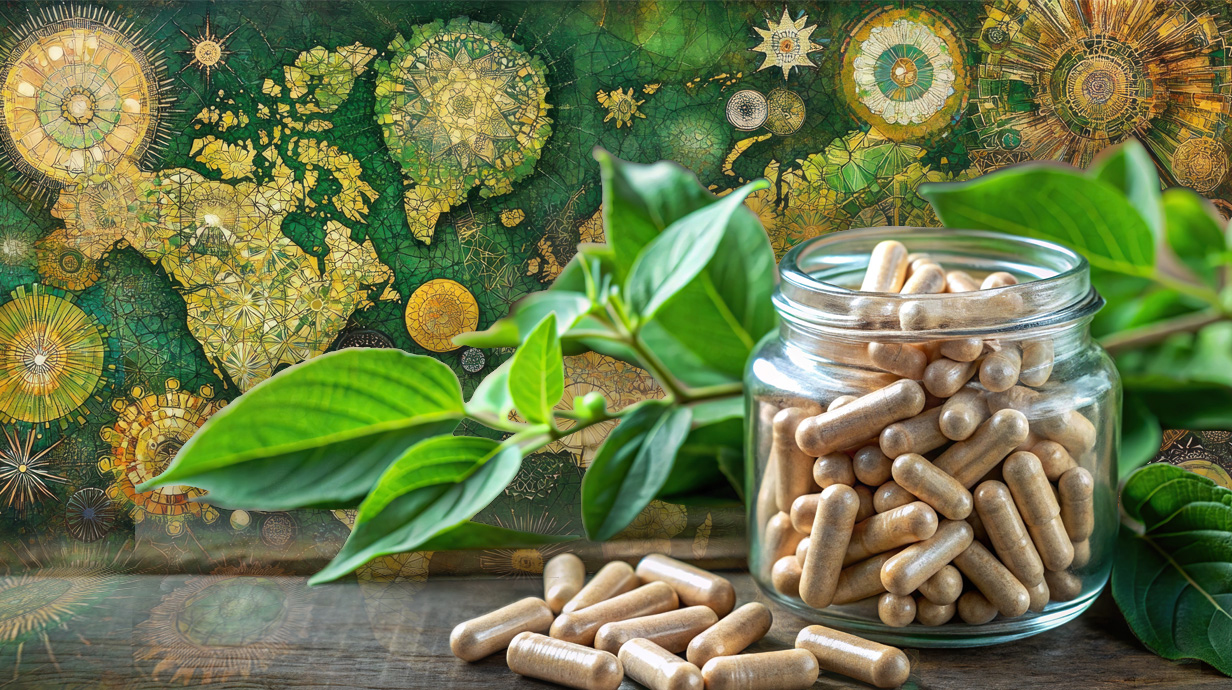 A glass jar of brown pills sits in front of a plant and a printed green backdrop depicting stars and continents.
