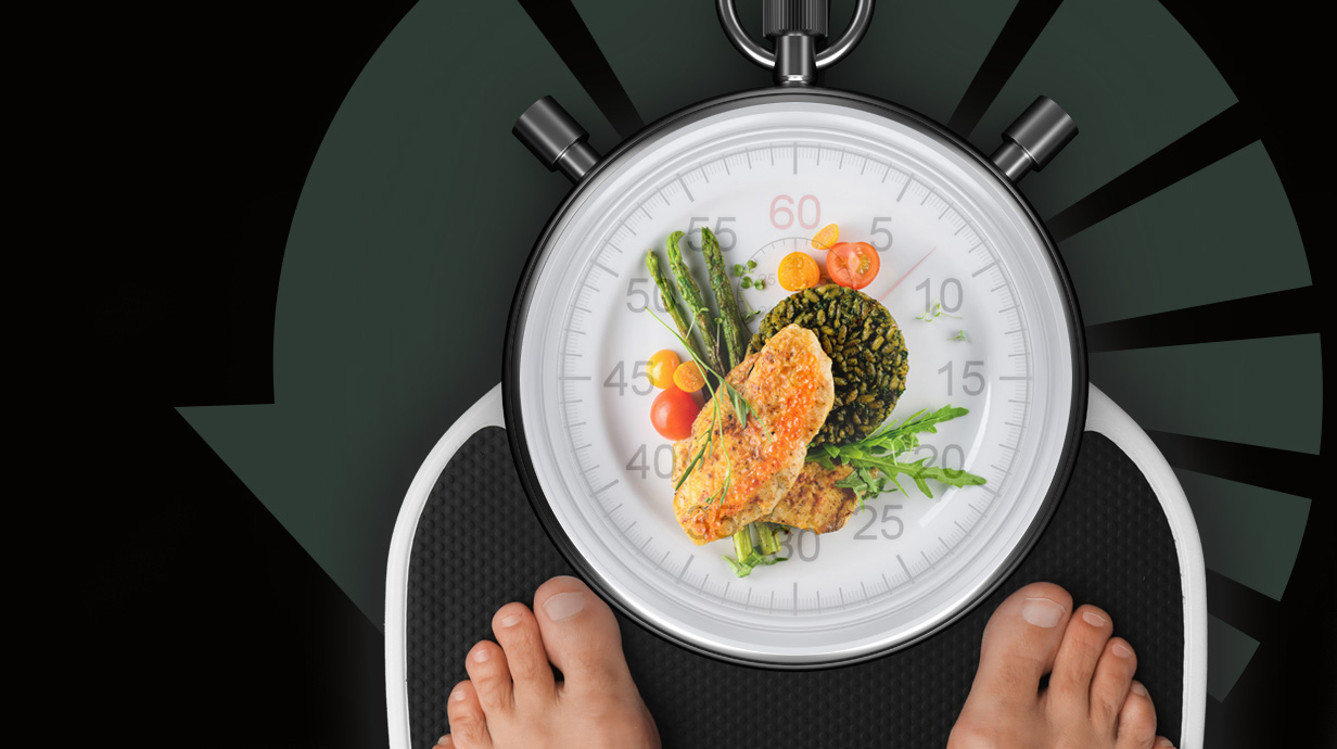 Photo illustration of toes standing on a bathroom scale that has a giant stopwatch topped with food instead of a weight dial.