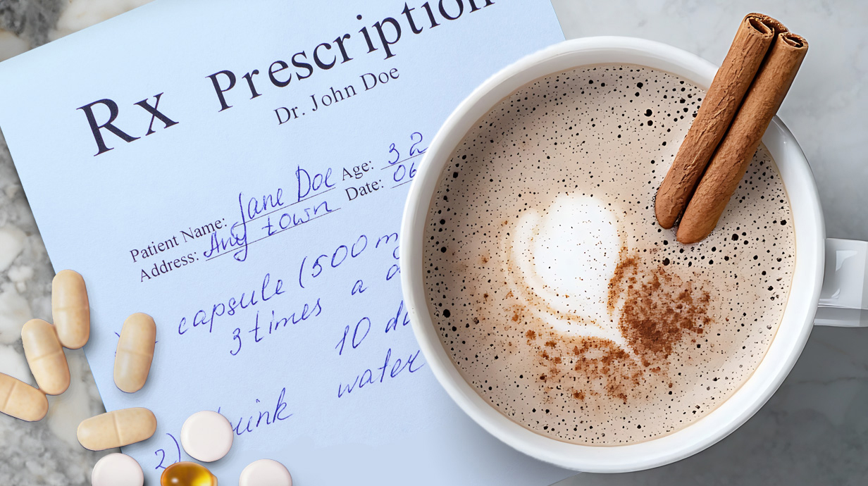 A latte with a cinnamon stick in one side sits atop a prescription pad with a few pills scattered to one side.
