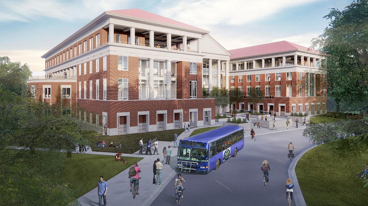 Architectural rendering of a multi-story red brick building on a tree-lined circle.