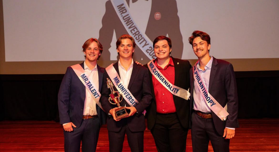 Students (from left) Rob Embry, Garrett Holland, Swetman and Downing Koestler at Mr. University 2025. 
