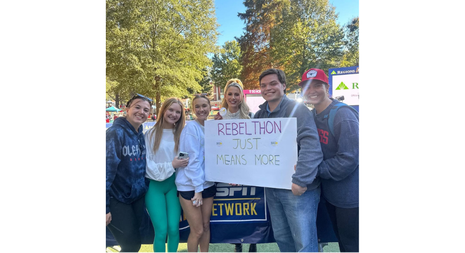 Students Hayley Pitts (from left), Kamdyn Holt, Ashley Myers, Laura Rutledge, Swetman and Avery Johnson at SEC Nation. 