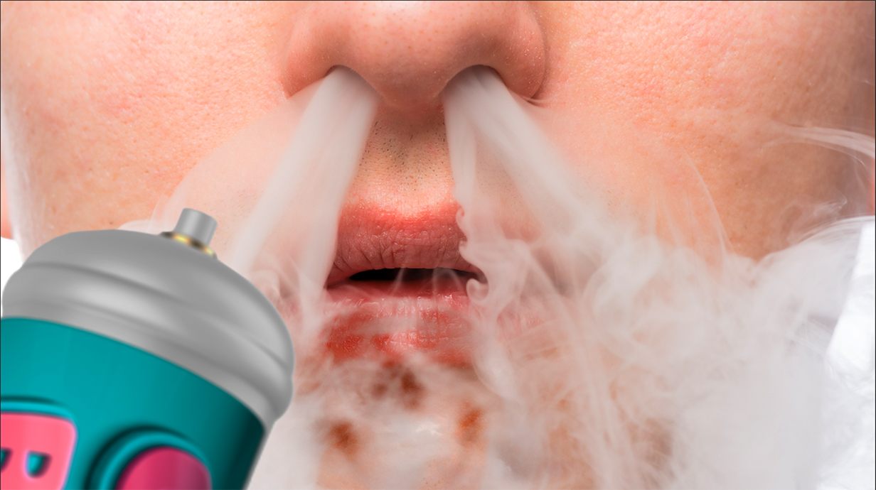 A close-up shot of a person's mouth and nose as they exhale vapor while holding a metal can near their face.