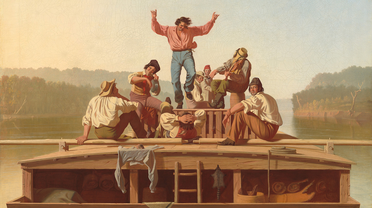 A painting depicts a man dancing atop a flatboat on a river while other men seated nearby watch.
