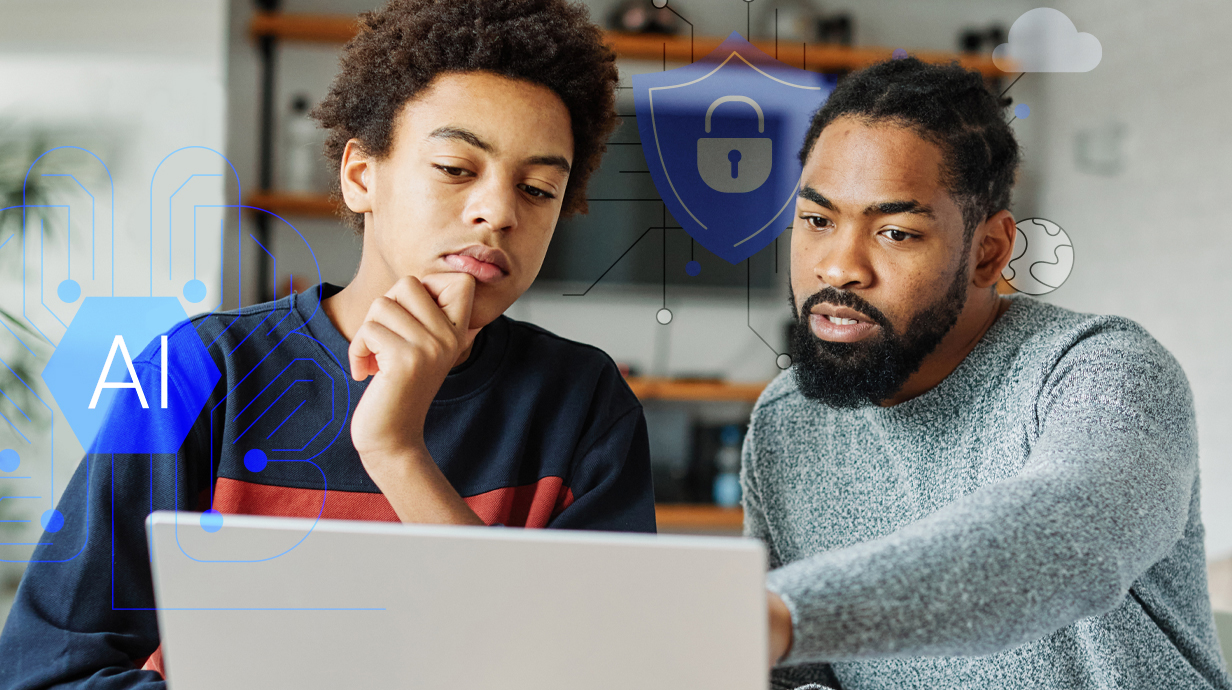 Photo of a man and a teen boy looking at a laptop with computer graphics superimposed on the photo with 'AI' and a security lock icon.