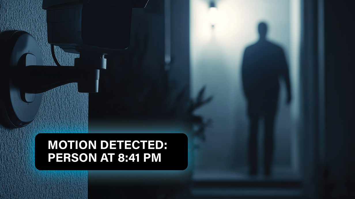 A security camera picks up an image of a person silhouetted in a doorway, displaying text that indicates a person is detected.