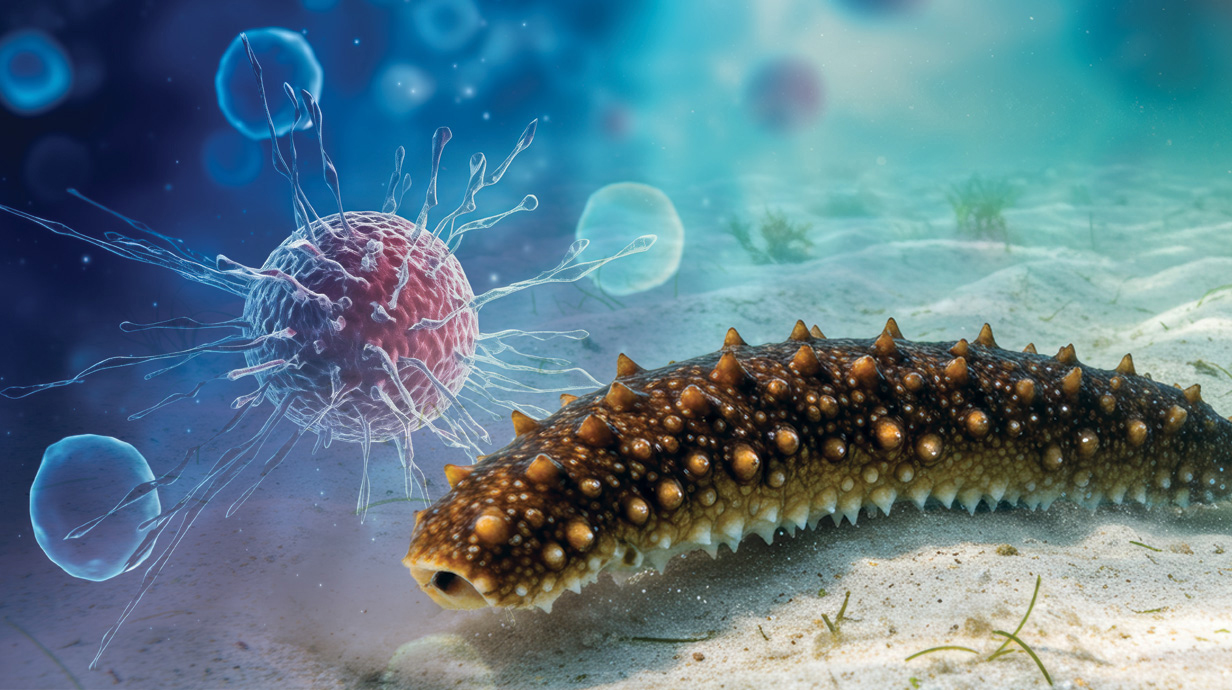 Photo illustration of a sea cucumber moving about the ocean floor with a molecular model superimposed above it.